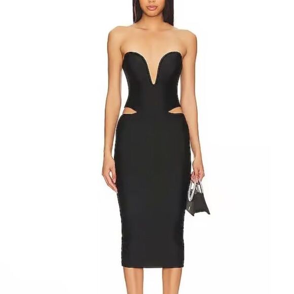 NWT SUPERDOWN Toria Midi Dress black cutout spandex Revolve S - Picture 1 of 9
